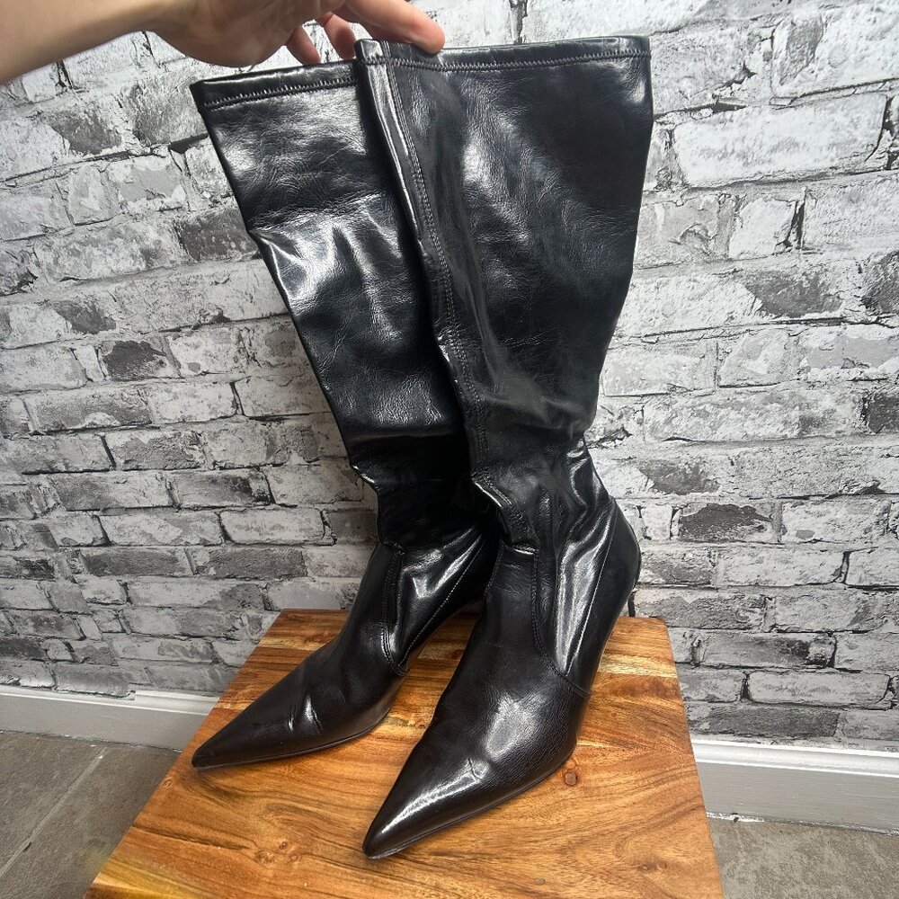 EUC Donald J. Pliner Black Metal Heels Signed Boots Size 10 (Shoe Bag Included)